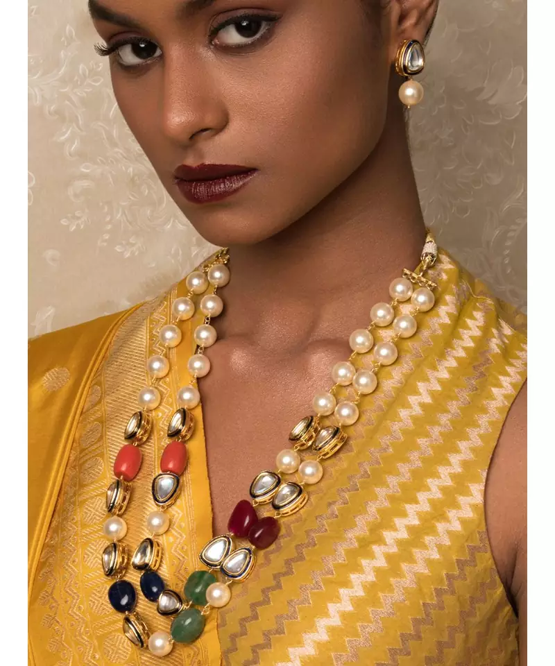 New Age Wonder Off White And Blue Kundan ,  Pearls And Jade Beads Necklace And Earrings Set.