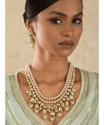 Intricate Spectacle Cream And Green Kundan, Pearls Necklace Set. 1