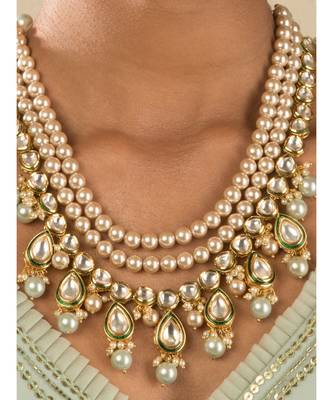 Intricate Spectacle Cream And Green Kundan, Pearls Necklace Set. 2