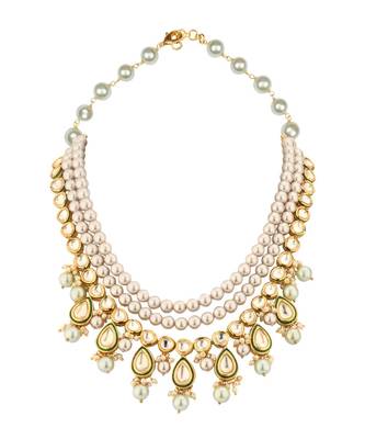 Intricate Spectacle Cream And Green Kundan, Pearls Necklace Set. 4