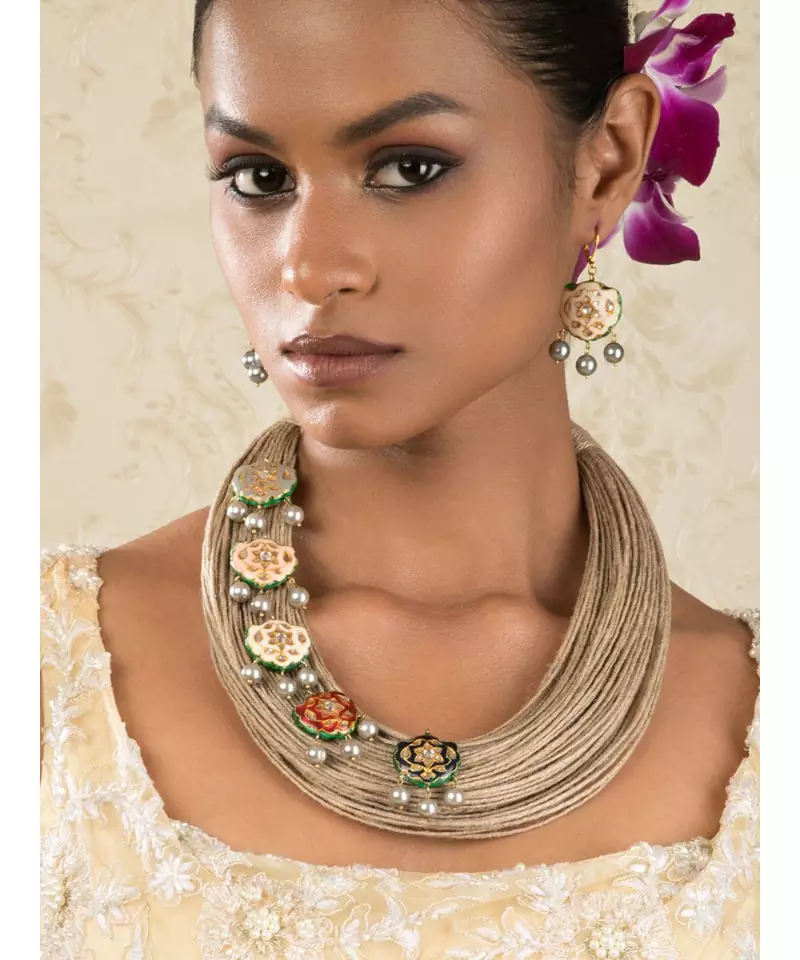 Jubilistic Beige Jute Thread,  Pearls And Lakh Pieces Necklace And Earrings Set.