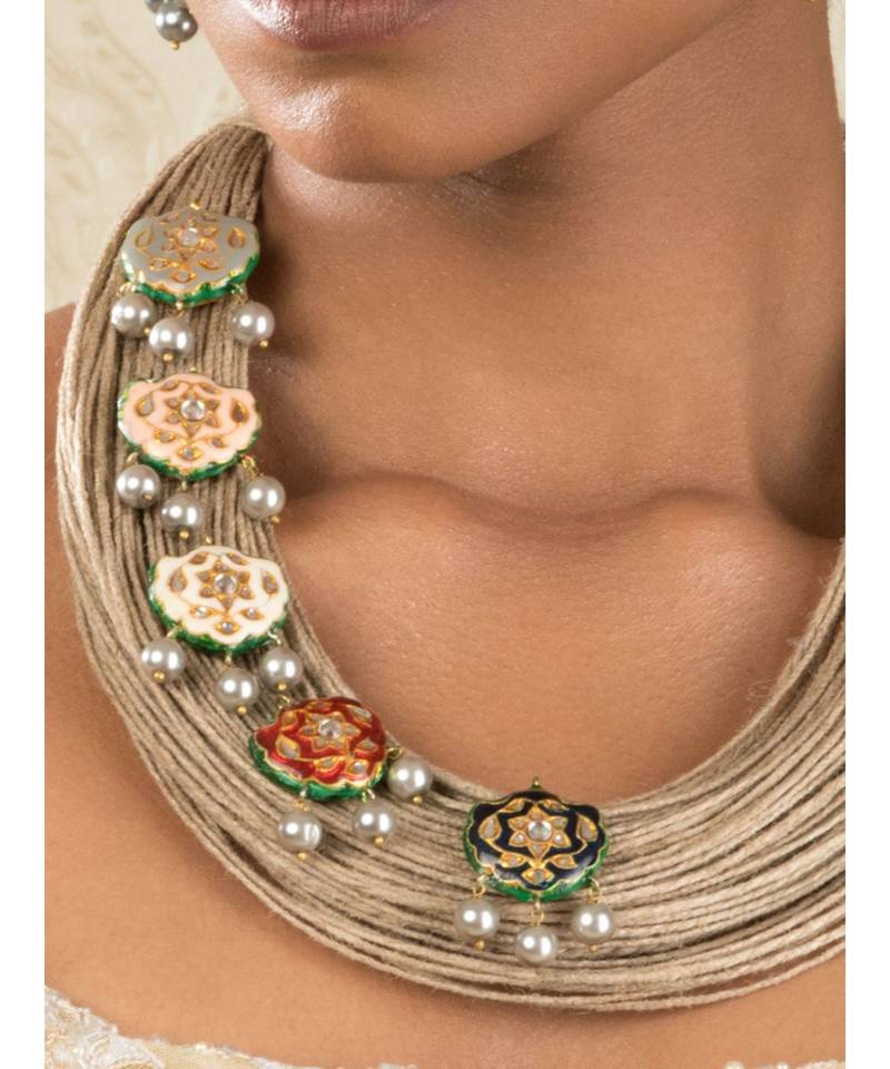 Jubilistic Beige Jute Thread,  Pearls And Lakh Pieces Necklace And Earrings Set.