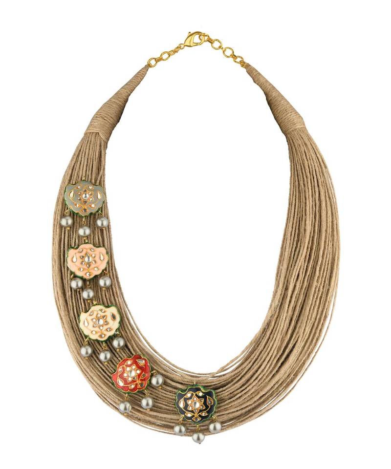 Jubilistic Beige Jute Thread,  Pearls And Lakh Pieces Necklace And Earrings Set.