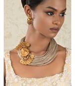 Divine Decadence Beige And Gold Jute Thread, Gold Pendant Necklace And Earrings Set