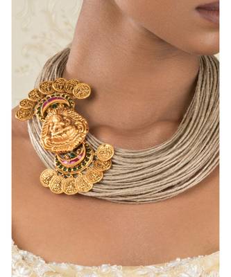 Divine Decadence Beige And Gold Jute Thread, Gold Pendant Necklace And Earrings Set 2