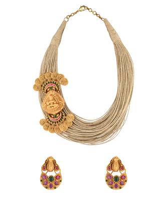 Divine Decadence Beige And Gold Jute Thread, Gold Pendant Necklace And Earrings Set 3