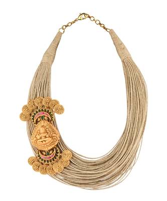 Divine Decadence Beige And Gold Jute Thread, Gold Pendant Necklace And Earrings Set 4