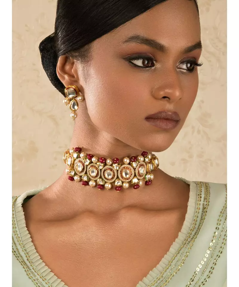 Pearly Paradise Red Kundan And  Pearls Necklace And Earrings Set.