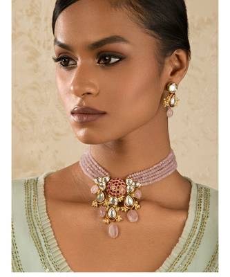 Radiante Red And Pink Kundan, Hydro Ruby Stones, Agate Beads, Rose Quartz And Pearls Necklace And Earrings Set 1