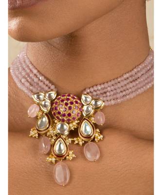 Radiante Red And Pink Kundan, Hydro Ruby Stones, Agate Beads, Rose Quartz And Pearls Necklace And Earrings Set 2
