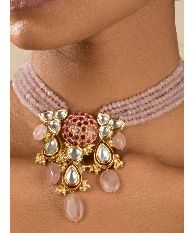 Radiante Red And Pink Kundan, Hydro Ruby Stones, Agate Beads, Rose Quartz And Pearls Necklace And Earrings Set