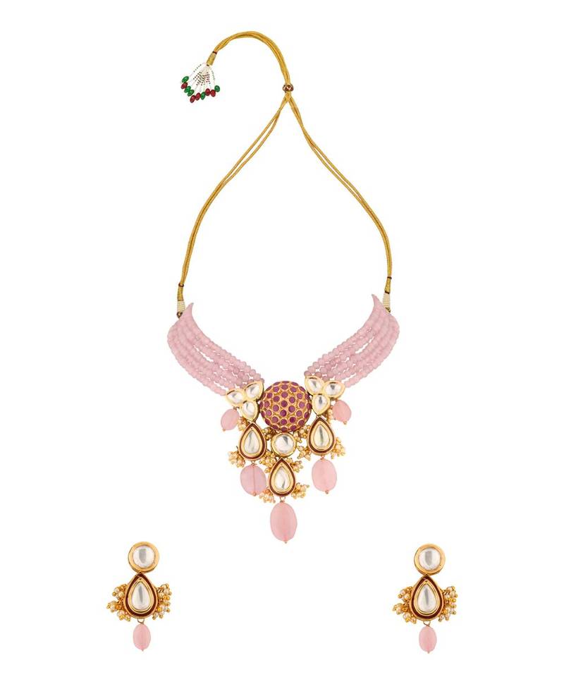 Radiante Red And Pink Kundan, Hydro Ruby Stones, Agate Beads, Rose Quartz And Pearls Necklace And Earrings Set
