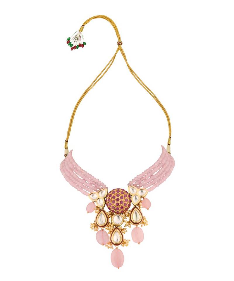 Radiante Red And Pink Kundan, Hydro Ruby Stones, Agate Beads, Rose Quartz And Pearls Necklace And Earrings Set