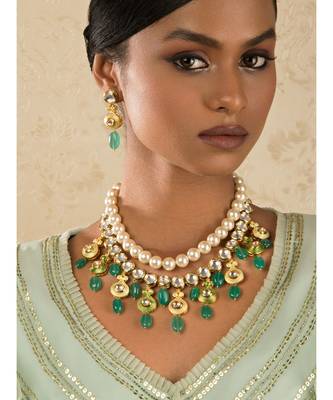 Ethnic Peak Green Enamelled Kundan, Jade Drops And  Pearls Necklace Set. 1