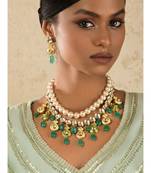 Ethnic Peak Green Enamelled Kundan, Jade Drops And  Pearls Necklace Set.