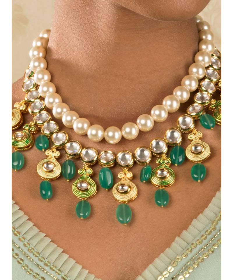 Ethnic Peak Green Enamelled Kundan, Jade Drops And  Pearls Necklace Set.