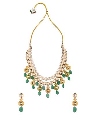 Ethnic Peak Green Enamelled Kundan, Jade Drops And  Pearls Necklace Set. 3
