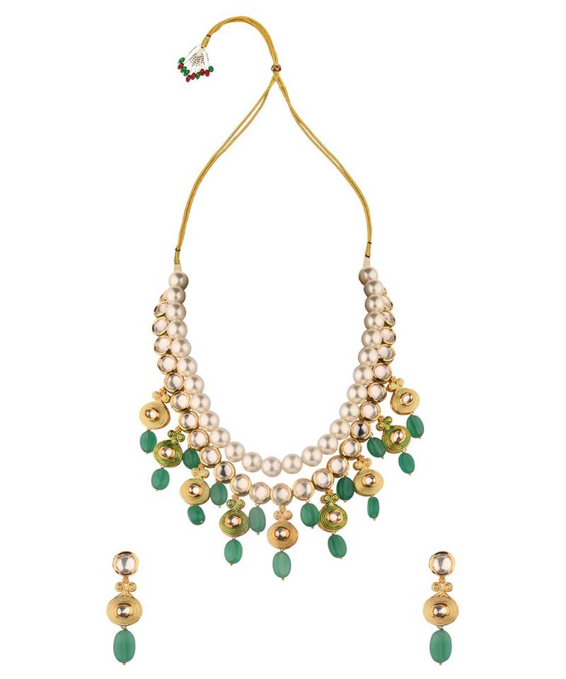 Ethnic Peak Green Enamelled Kundan, Jade Drops And  Pearls Necklace Set.