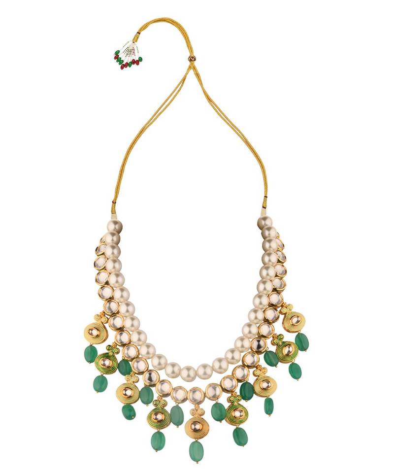 Ethnic Peak Green Enamelled Kundan, Jade Drops And  Pearls Necklace Set.