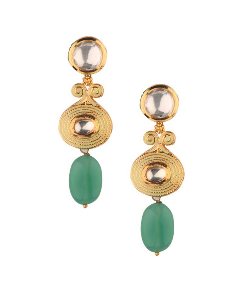 Ethnic Peak Green Enamelled Kundan, Jade Drops And  Pearls Necklace Set.