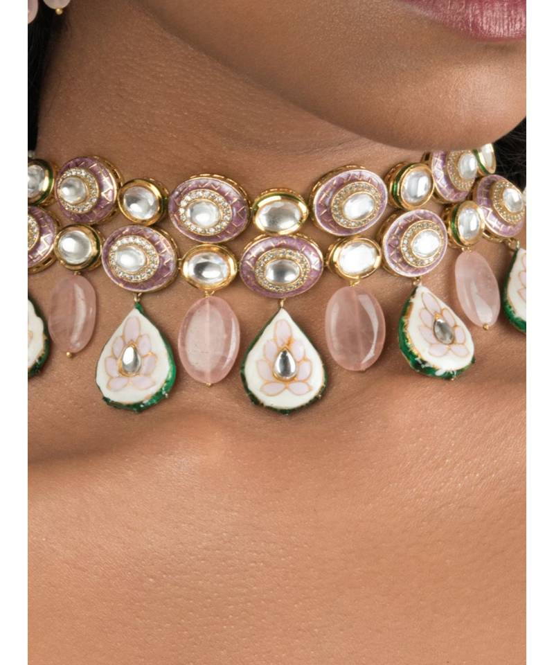 Elemental Pink Enamelled Kundan, Jades And Rose Quartz Drops Necklace And Earrings Set.