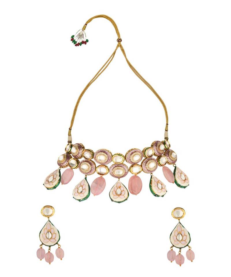 Elemental Pink Enamelled Kundan, Jades And Rose Quartz Drops Necklace And Earrings Set.