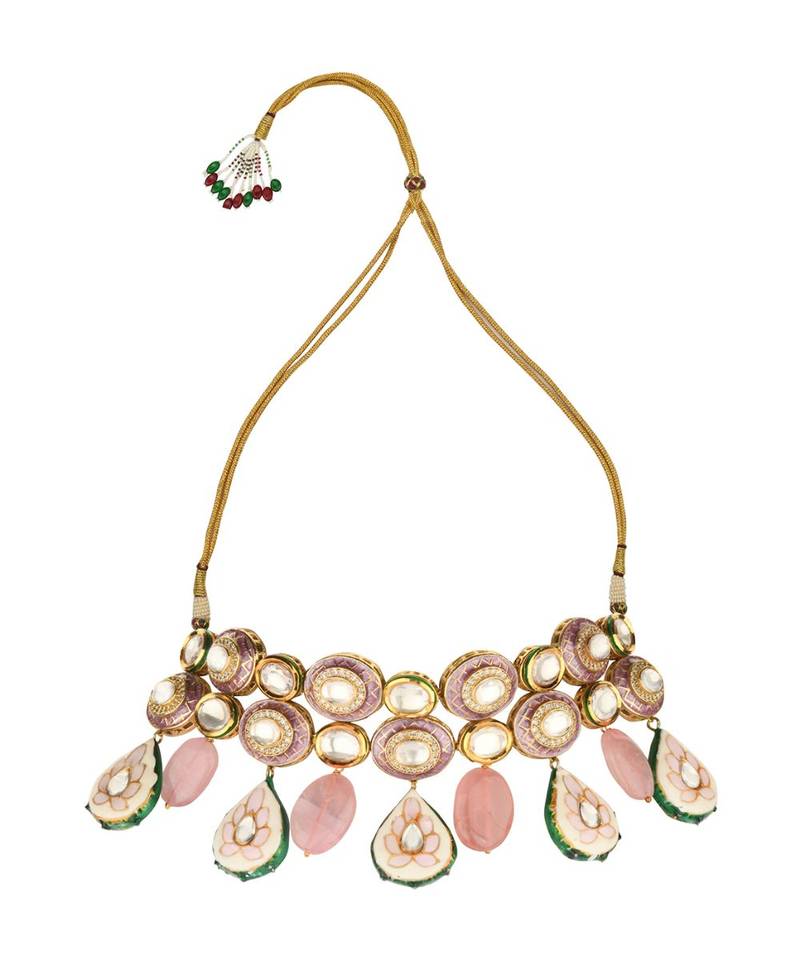 Elemental Pink Enamelled Kundan, Jades And Rose Quartz Drops Necklace And Earrings Set.