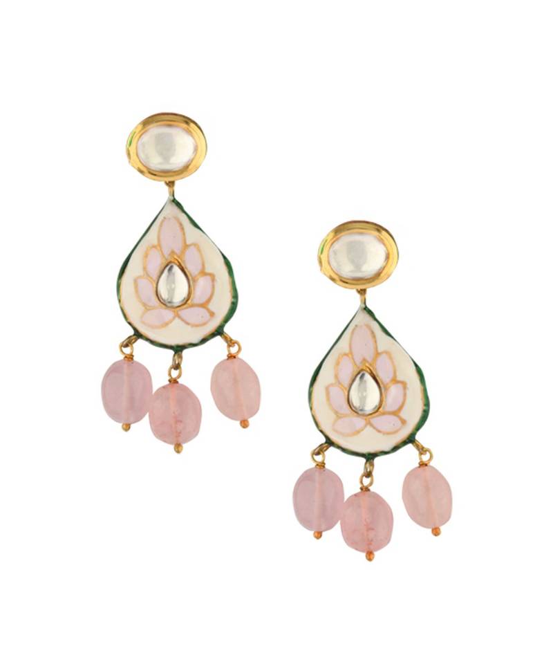 Elemental Pink Enamelled Kundan, Jades And Rose Quartz Drops Necklace And Earrings Set.