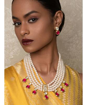 Pink White Gold Tone Kundan Beaded Necklace And Earrings With Pearls And Onyx 1