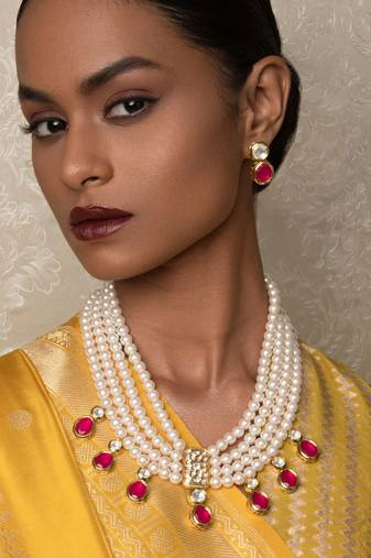 Scarlet Surprise Red  Kundan,  Pearls, Hydro Onyx Necklace And Earrings Set.