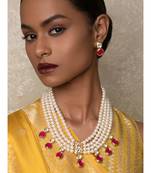 Pink White Gold Tone Kundan Beaded Necklace And Earrings With Pearls And Onyx