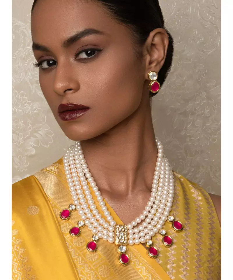 Scarlet Surprise Red  Kundan,  Pearls, Hydro Onyx Necklace And Earrings Set.