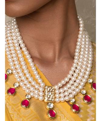 Pink White Gold Tone Kundan Beaded Necklace And Earrings With Pearls And Onyx 2