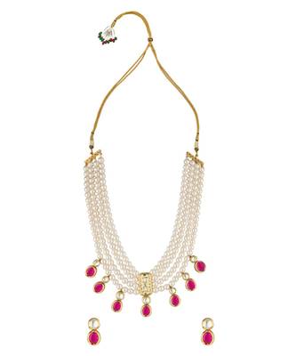 Pink White Gold Tone Kundan Beaded Necklace And Earrings With Pearls And Onyx 3