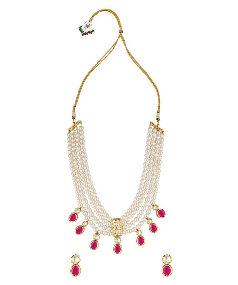 Scarlet Surprise Red  Kundan,  Pearls, Hydro Onyx Necklace And Earrings Set.