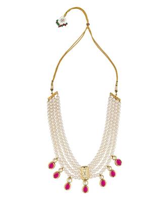Pink White Gold Tone Kundan Beaded Necklace And Earrings With Pearls And Onyx 4