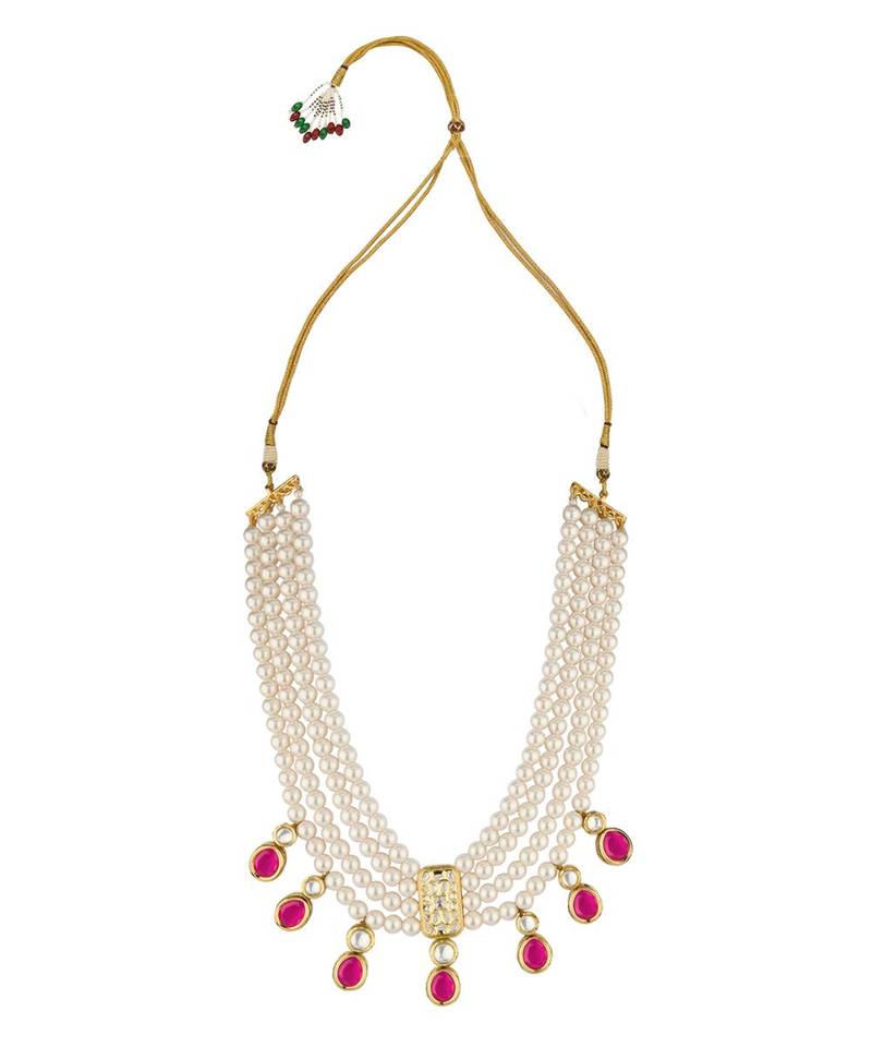Scarlet Surprise Red  Kundan,  Pearls, Hydro Onyx Necklace And Earrings Set.