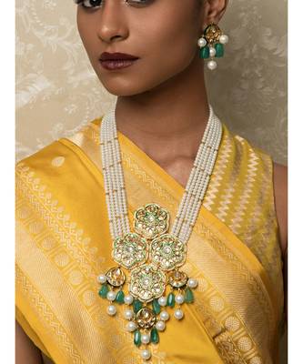 Jazzy Enamelled Green Kundan, Jade And  Pearls Necklace And Earrings Set. 1