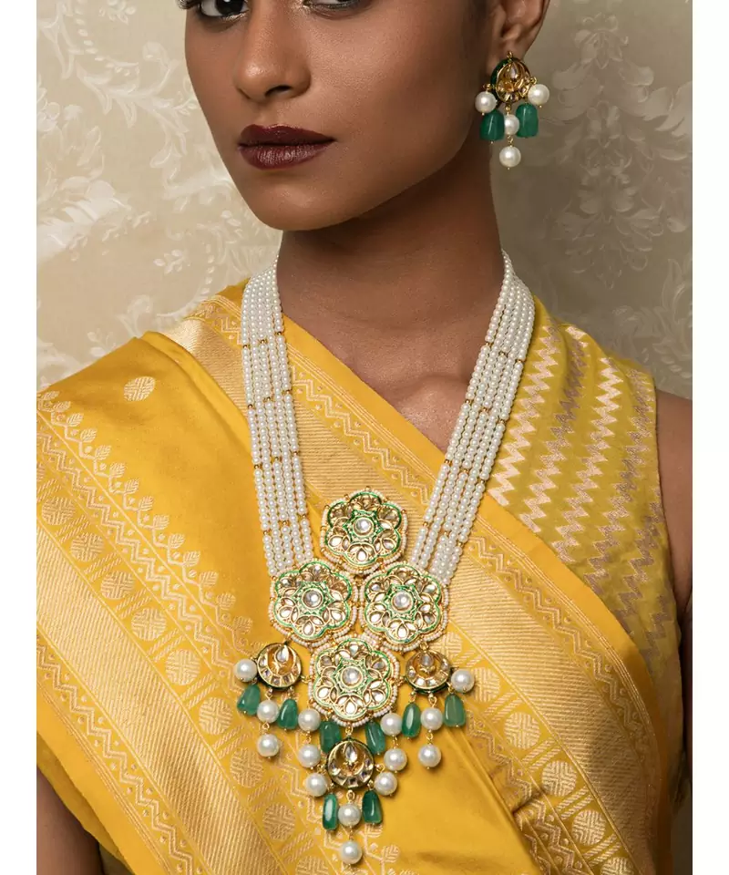 Jazzy Enamelled Green Kundan, Jade And  Pearls Necklace And Earrings Set.