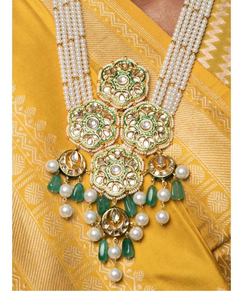 Jazzy Enamelled Green Kundan, Jade And  Pearls Necklace And Earrings Set.