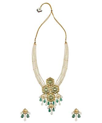 Jazzy Enamelled Green Kundan, Jade And  Pearls Necklace And Earrings Set. 3
