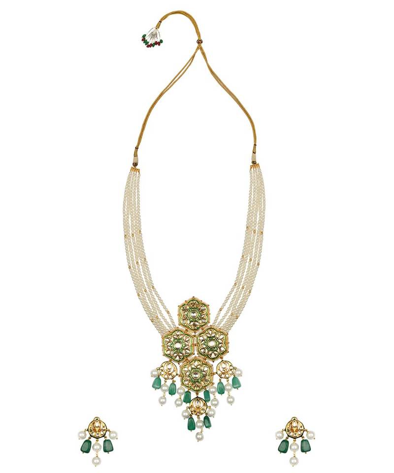 Jazzy Enamelled Green Kundan, Jade And  Pearls Necklace And Earrings Set.