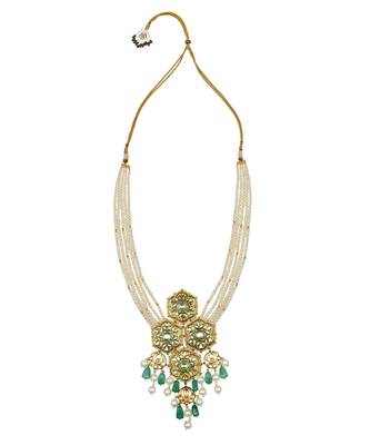 Jazzy Enamelled Green Kundan, Jade And  Pearls Necklace And Earrings Set. 4