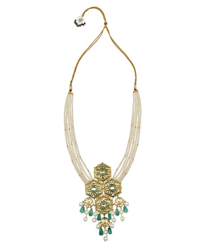 Jazzy Enamelled Green Kundan, Jade And  Pearls Necklace And Earrings Set.