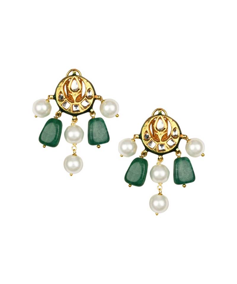Jazzy Enamelled Green Kundan, Jade And  Pearls Necklace And Earrings Set.