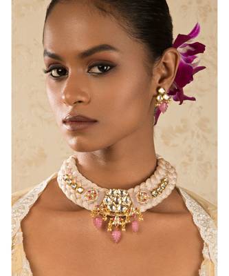Candy Cadence Pink Kundan, Jade Drops, Quartz,  Pearls Necklace And Earrings Set 1