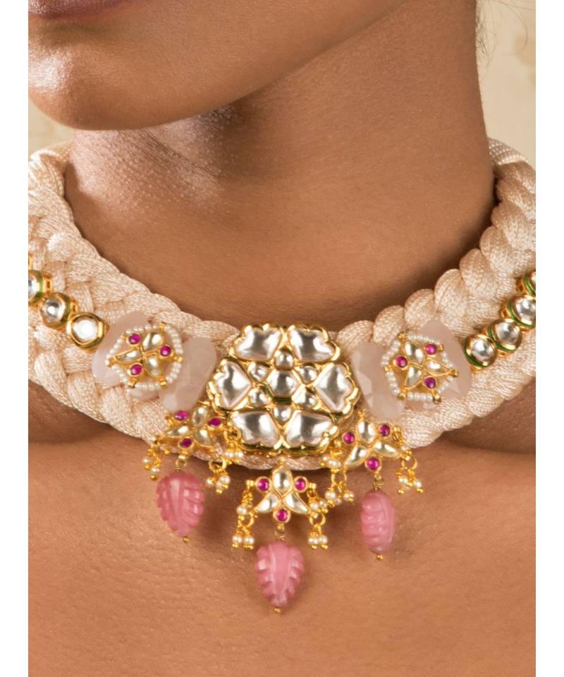 Candy Cadence Pink Kundan, Jade Drops, Quartz,  Pearls Necklace And Earrings Set