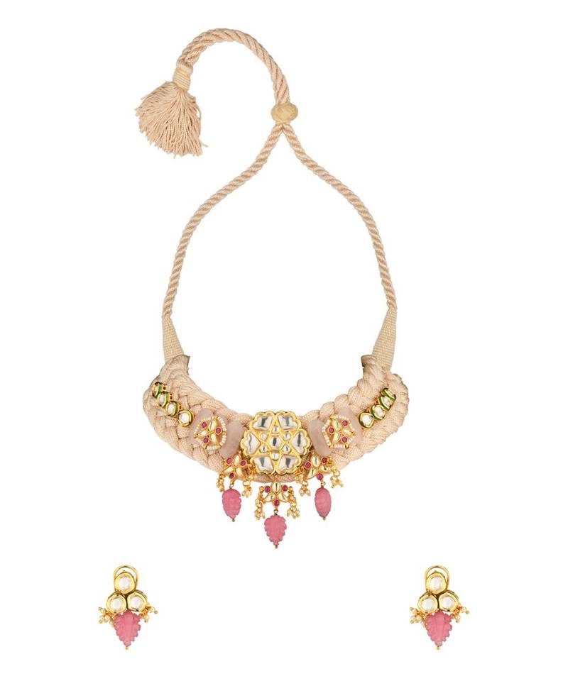 Candy Cadence Pink Kundan, Jade Drops, Quartz,  Pearls Necklace And Earrings Set