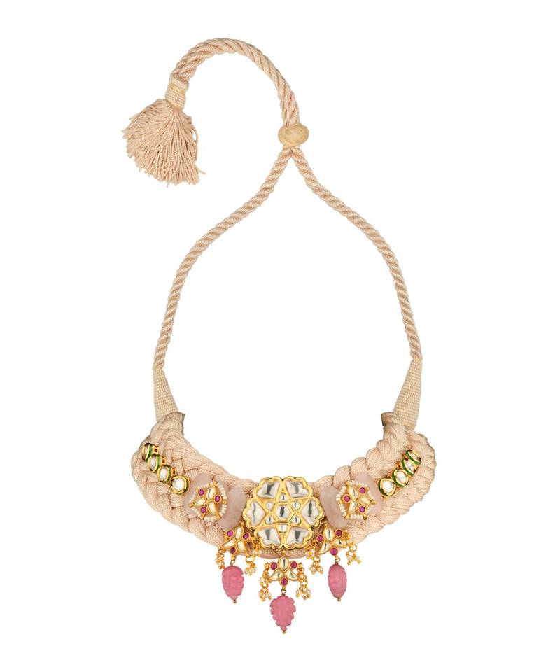 Candy Cadence Pink Kundan, Jade Drops, Quartz,  Pearls Necklace And Earrings Set