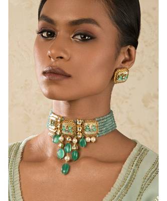 Enigma Green Enamelled Kundan Necklace And Earrings Set 1